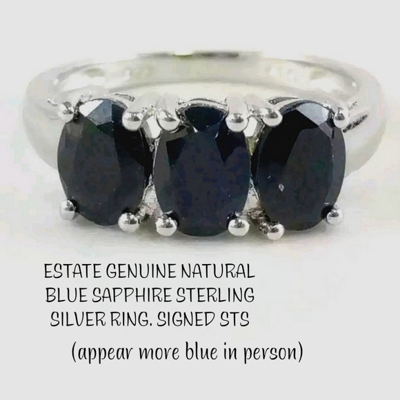 VINTAGE GENUINE NATURAL 3 sapphire .925 ring STERLING SILVERSTS